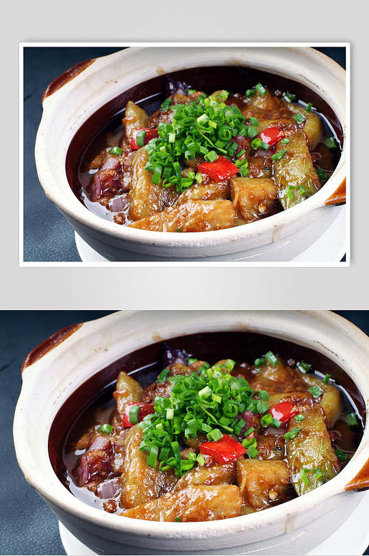 热咸鱼茄子煲两联菜谱菜单新品菜摄影图