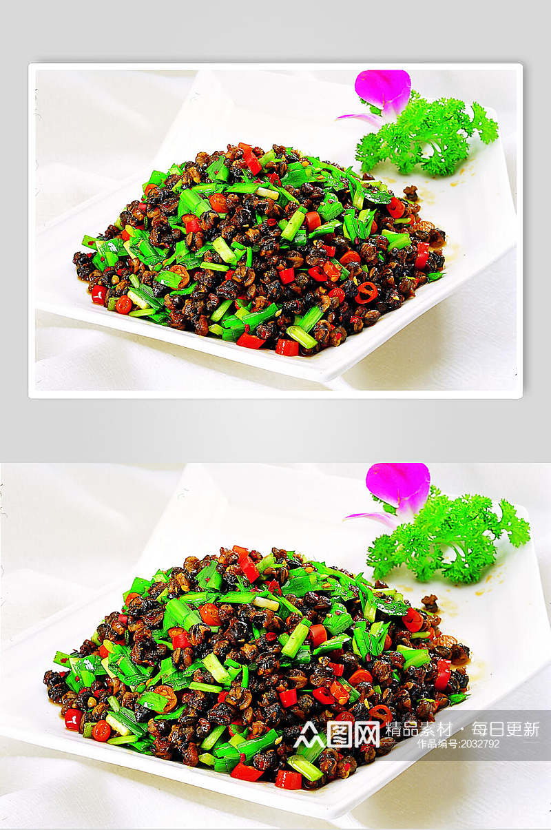 韭菜炒小田螺食物摄影图片素材