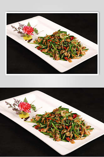 新鲜韭菜炒河虾食物摄影图片