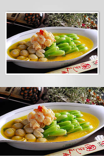 热菜虾仁蘑菇扒菜蛋美食摄影图片