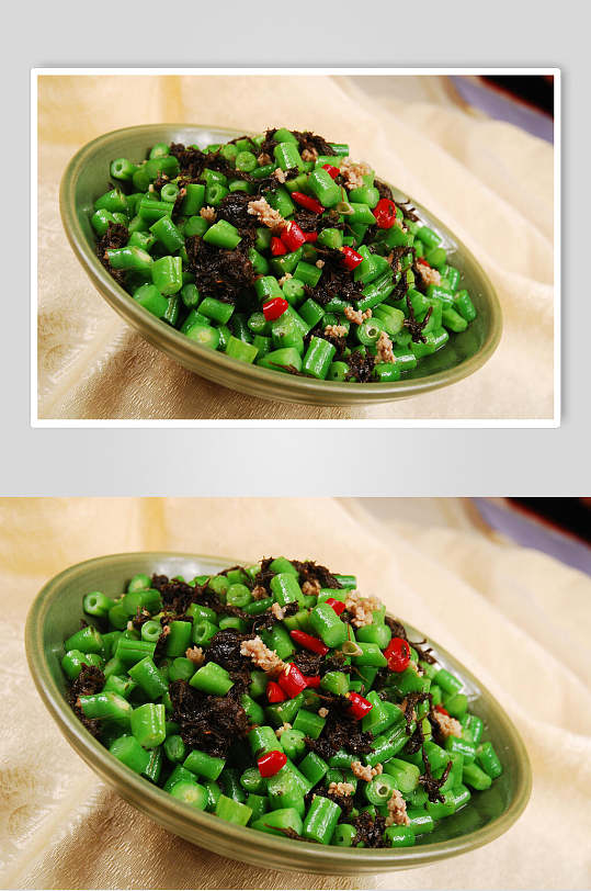 新鲜美味橄榄菜炒四季豆摄影图片