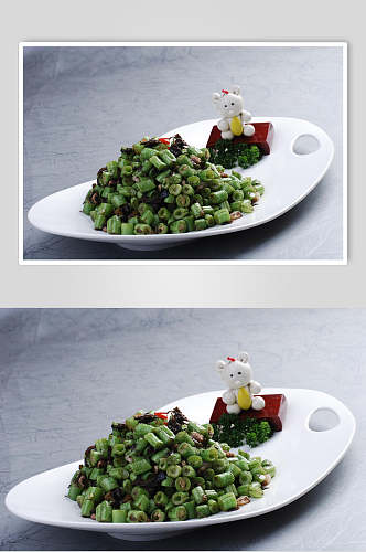 新鲜榄菜肉碎炒豆角摄影图片