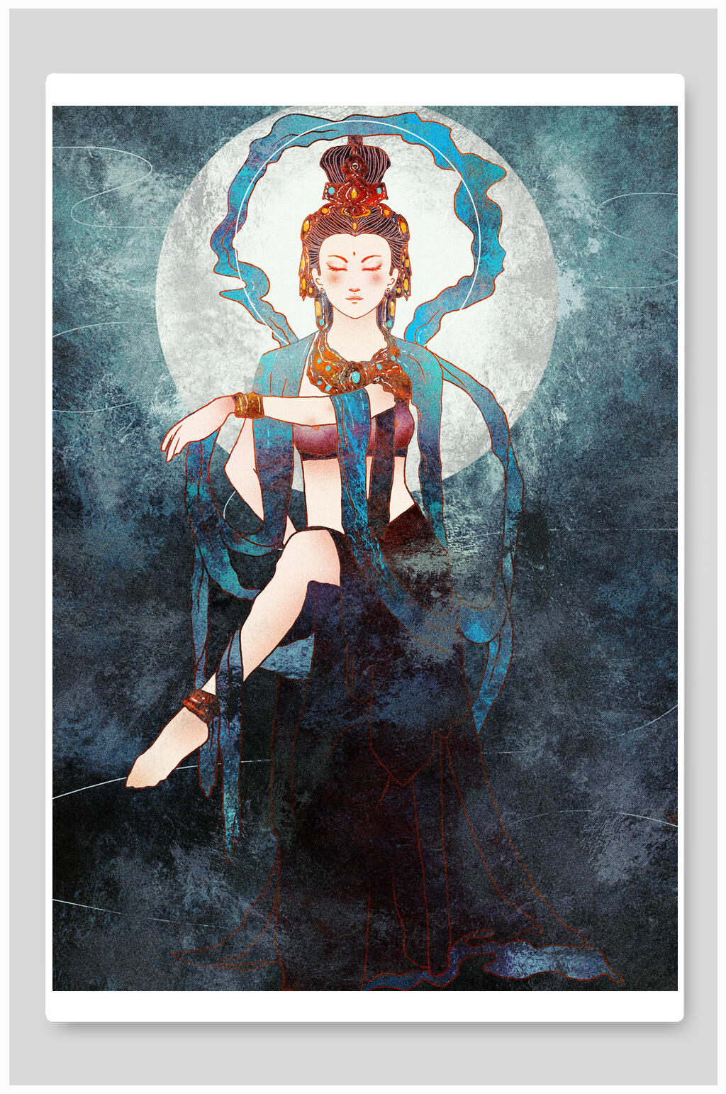 蓝色背景人物圆月插画素材