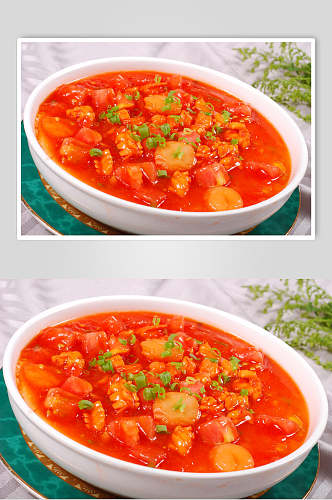 新鲜番茄海鲜煮山水豆腐摄影图片