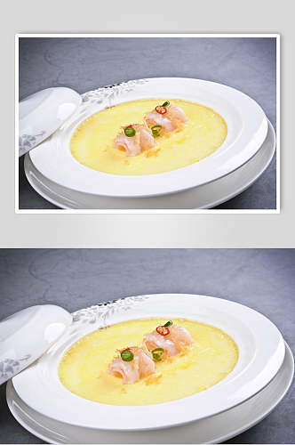 新鲜鲜虾瑶柱蒸蛋羹食物摄影图片