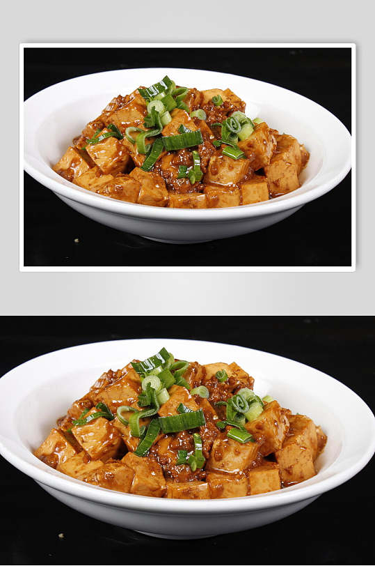 青蒜肉末烧豆腐美食摄影图片