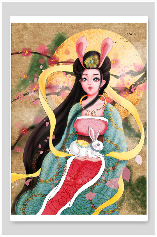 中秋节古代女性怀抱白兔插画