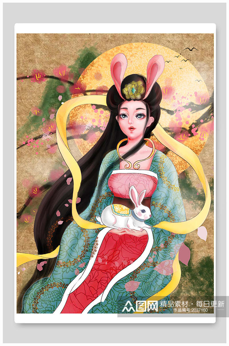 中秋节古代女性怀抱白兔插画素材