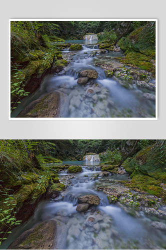 原始森林图片两联流水瀑布溪流山峦
