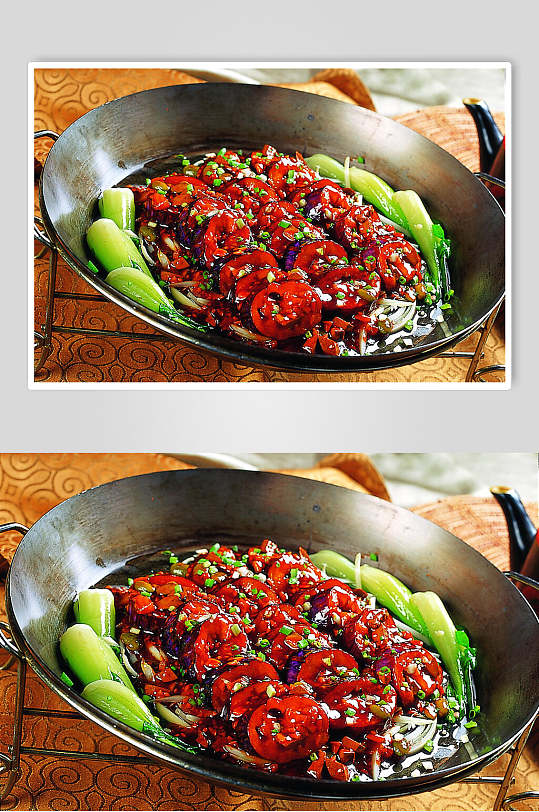 铁锅鹅肝局紫茄食物图片