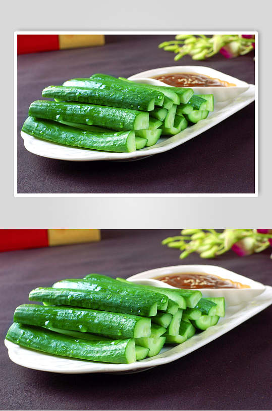 沾酱黄瓜美食摄影图片