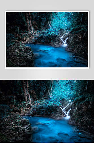 原始森林图片蓝色瀑布梦幻森林视觉摄影图