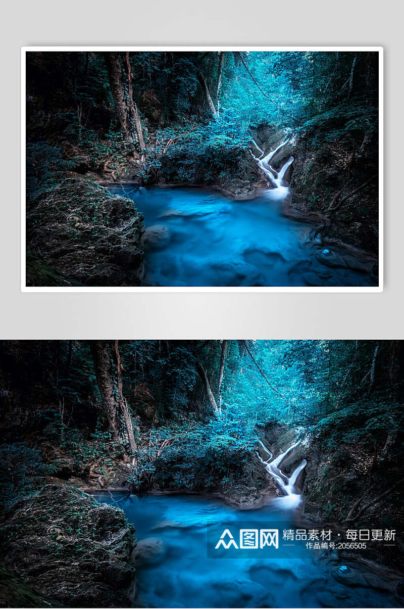原始森林图片蓝色瀑布梦幻森林视觉摄影图素材