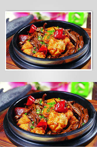 石锅茶菇鸡美食食品图片