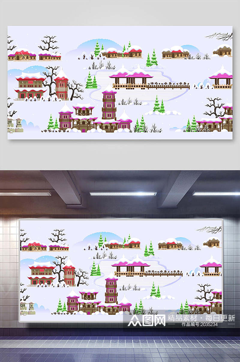 日本雪景风光矢量插画素材