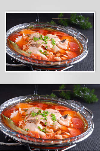 酸汤茄子鱼片美食摄影图片
