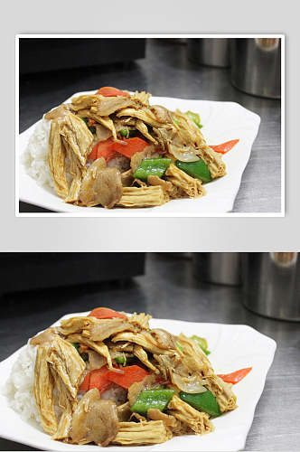 腐竹炒肉片盖饭美食摄影图片