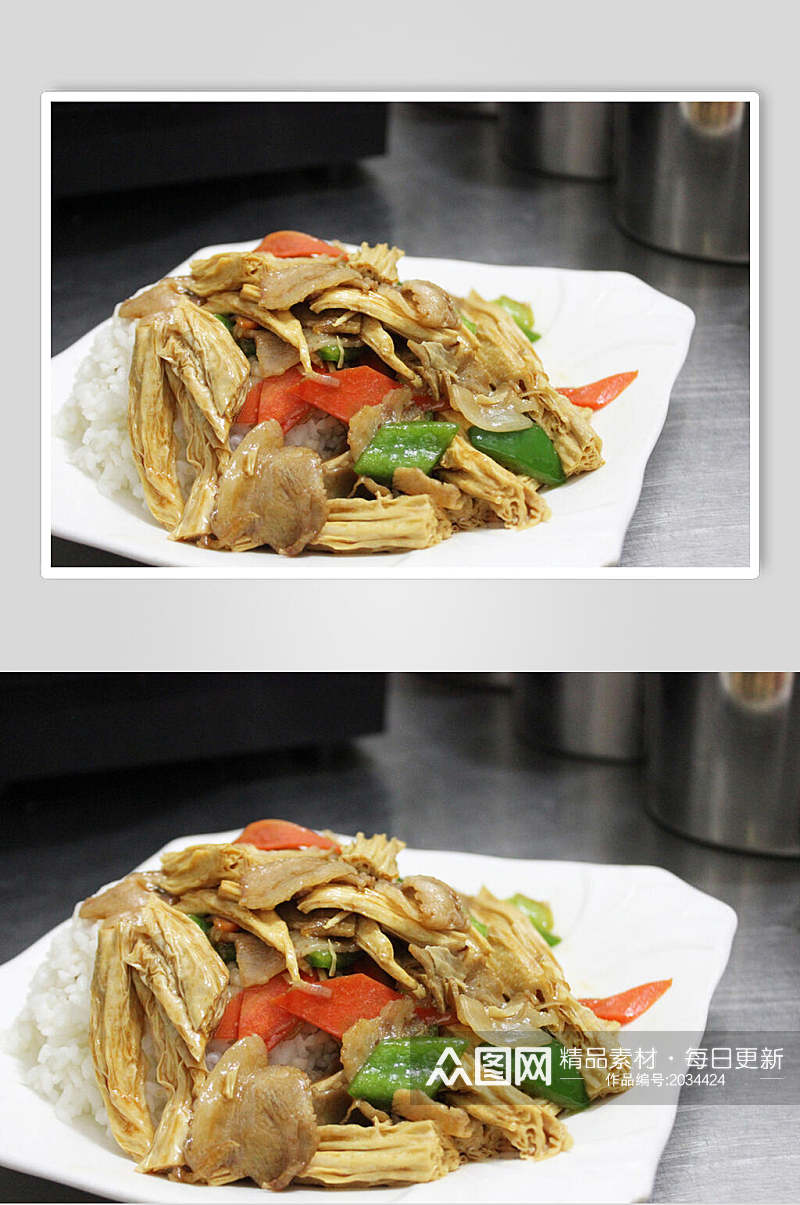 腐竹炒肉片盖饭美食摄影图片素材