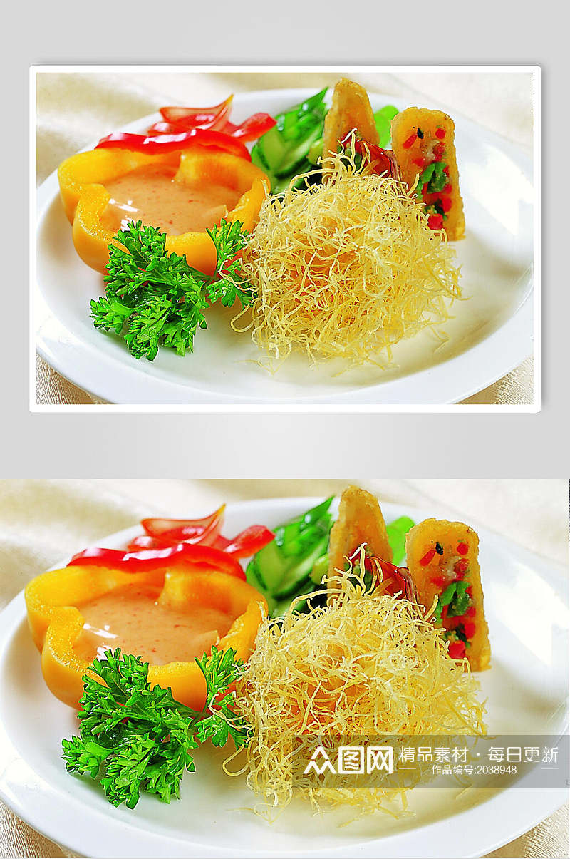 金丝虾球拼咸黄卷食物摄影图片素材