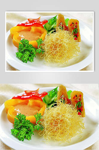 金丝虾球拼咸黄卷食物摄影图片