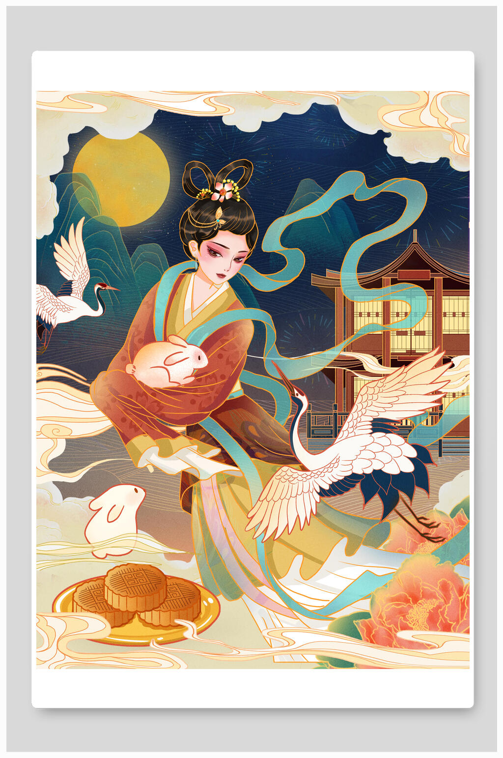 中秋节人物白兔仙鹤插画素材