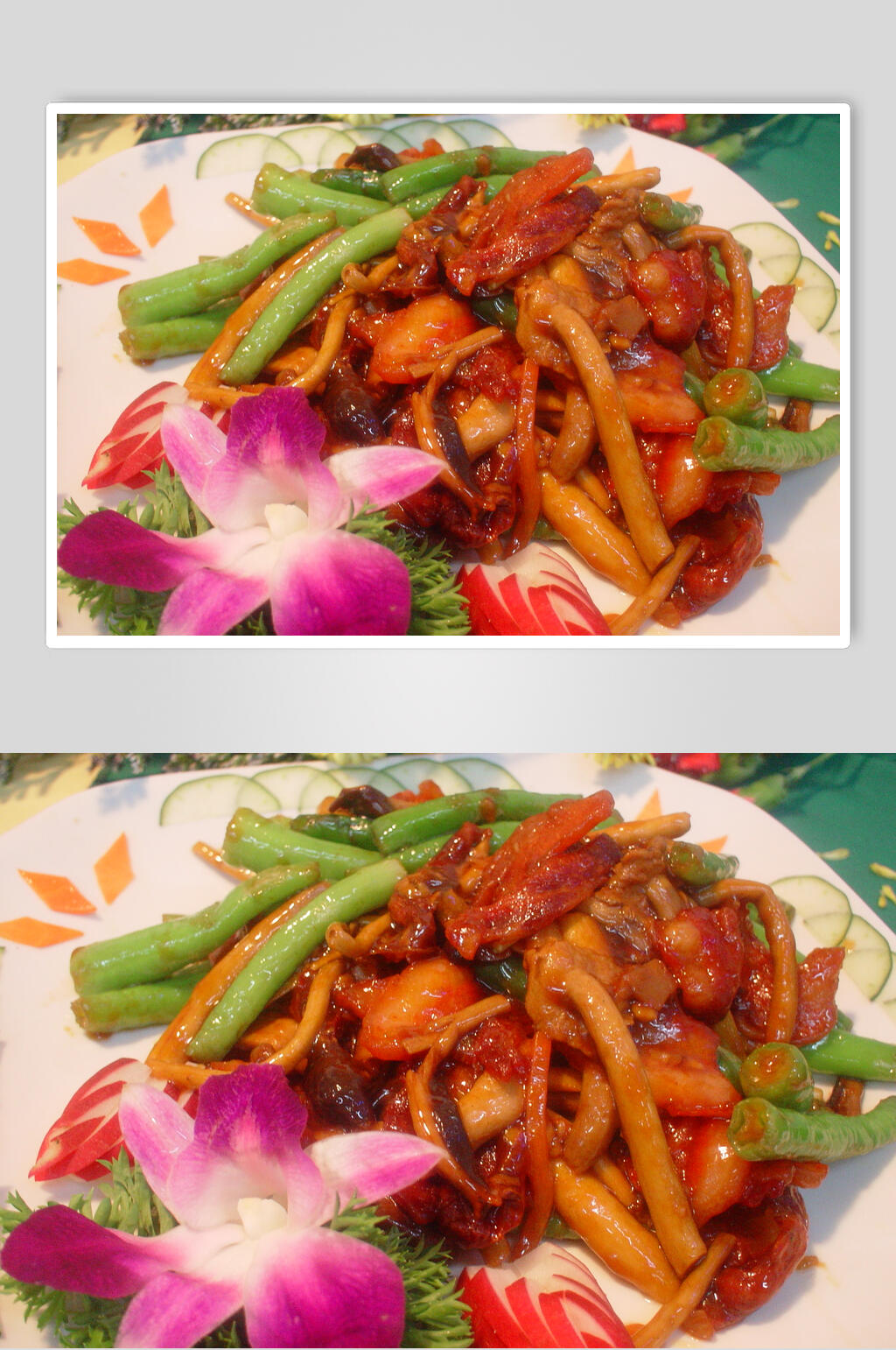 杭椒茶树菇炒烟肉高清图片素材