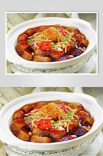 瑶柱金菇茄子煲元例食物高清图片