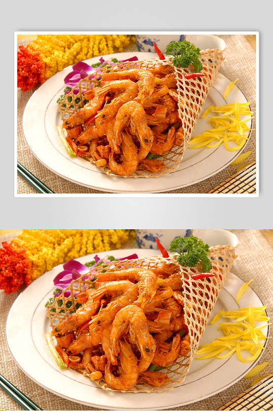 竹篓黄金虾美食摄影图片