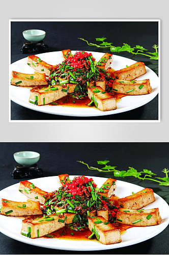 韭菜肉沫煎豆腐食物摄影图片