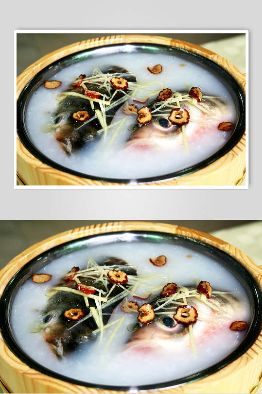 木桶粥水浸鱼头摄影图片