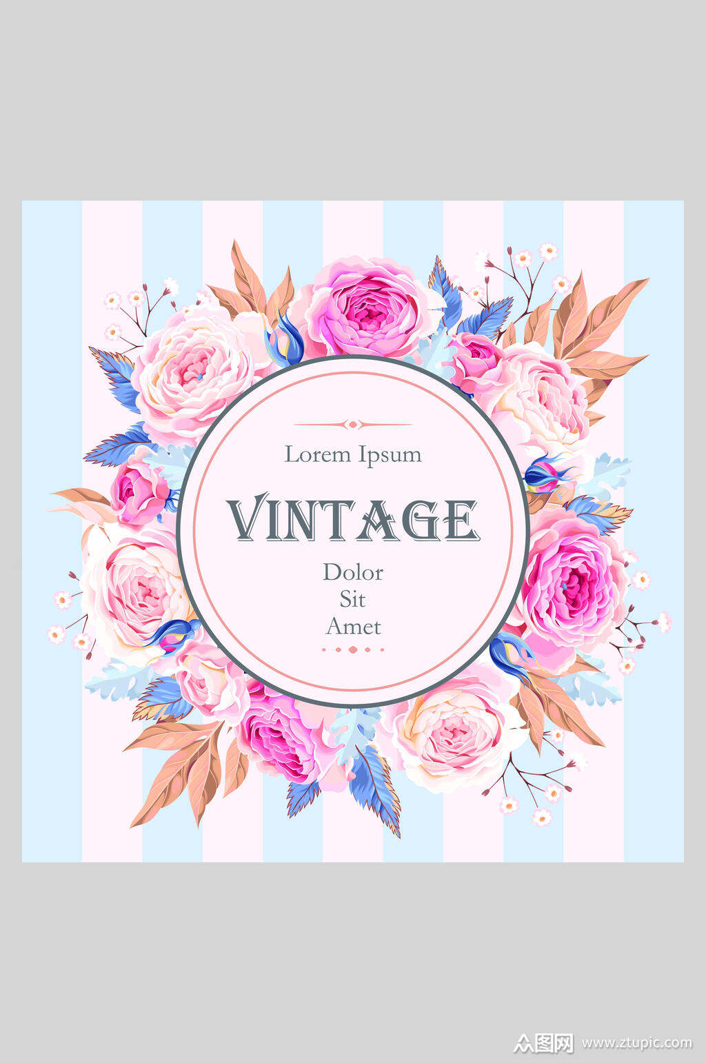 粉蓝花卉婚礼邀请函矢量插画素材