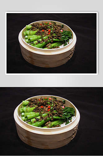 精品橄榄菜肉末蒸菜心美食摄影图片