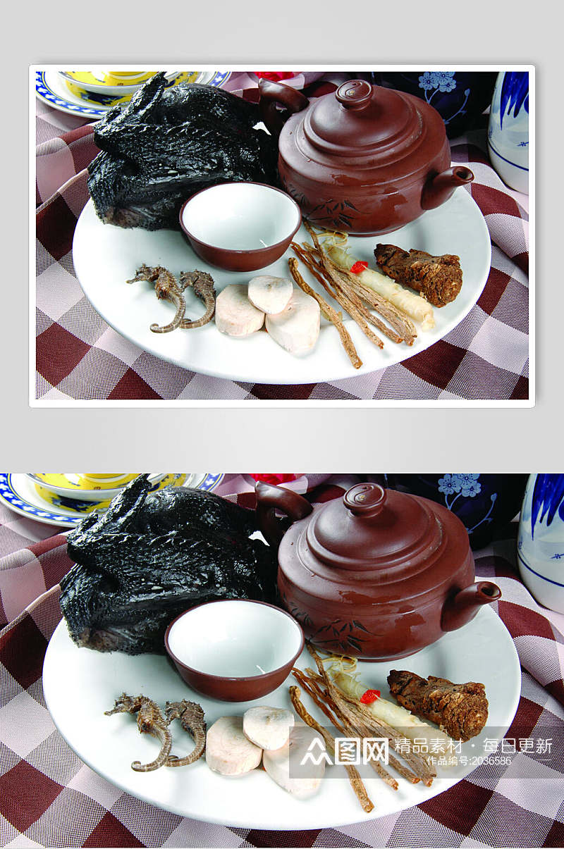 紫砂壶海马人参炖乌鸡海鲜美食图片素材