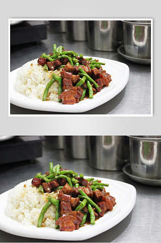长豆角红烧肉盖饭美食摄影图片