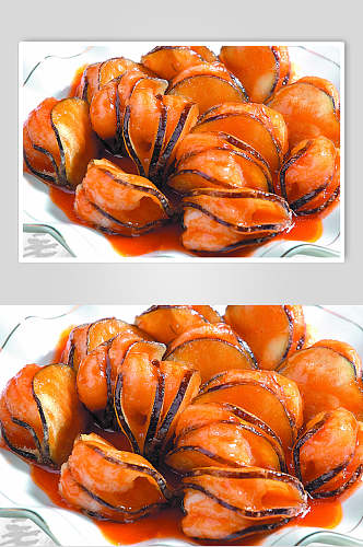 虾仁茄子夹食物高清图片