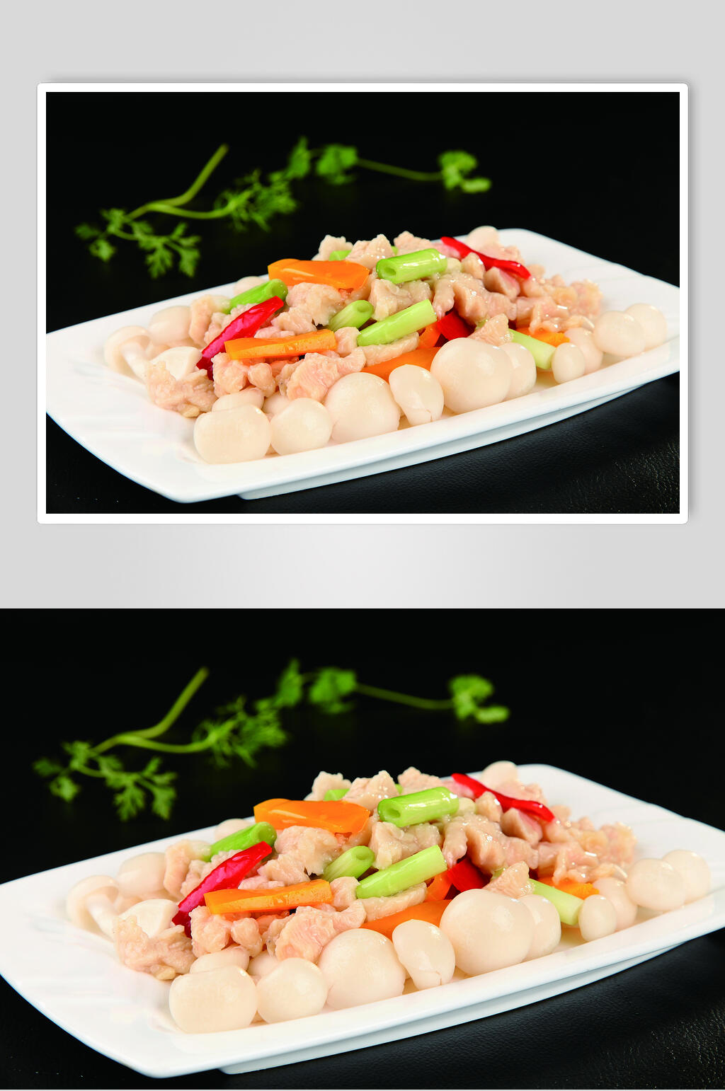 新鲜白云菇小炒鸡食物摄影图片素材