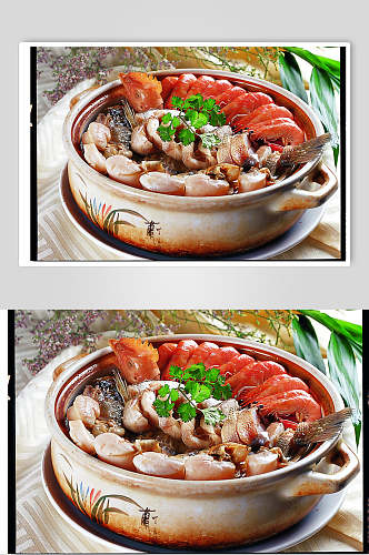 闽粤海鲜盆菜食物摄影图片