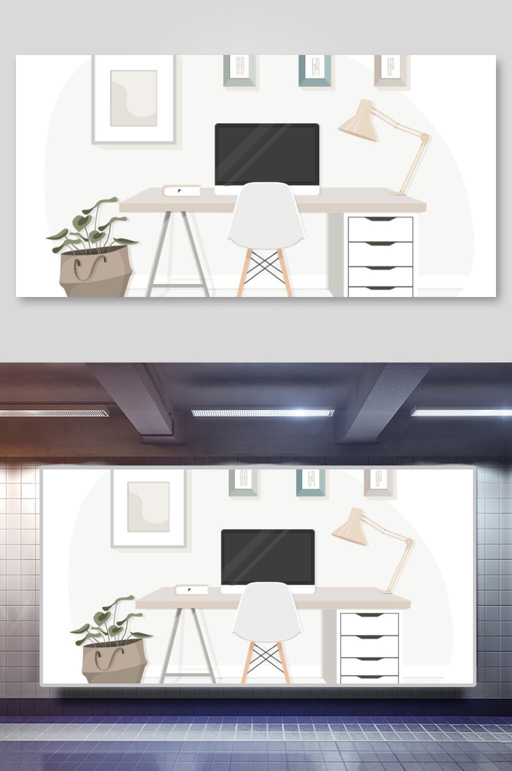 设计师办公场景矢量插画浅灰色两联横向素材