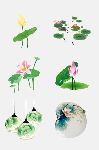 水彩唯美中国风手绘荷花花卉免抠元素