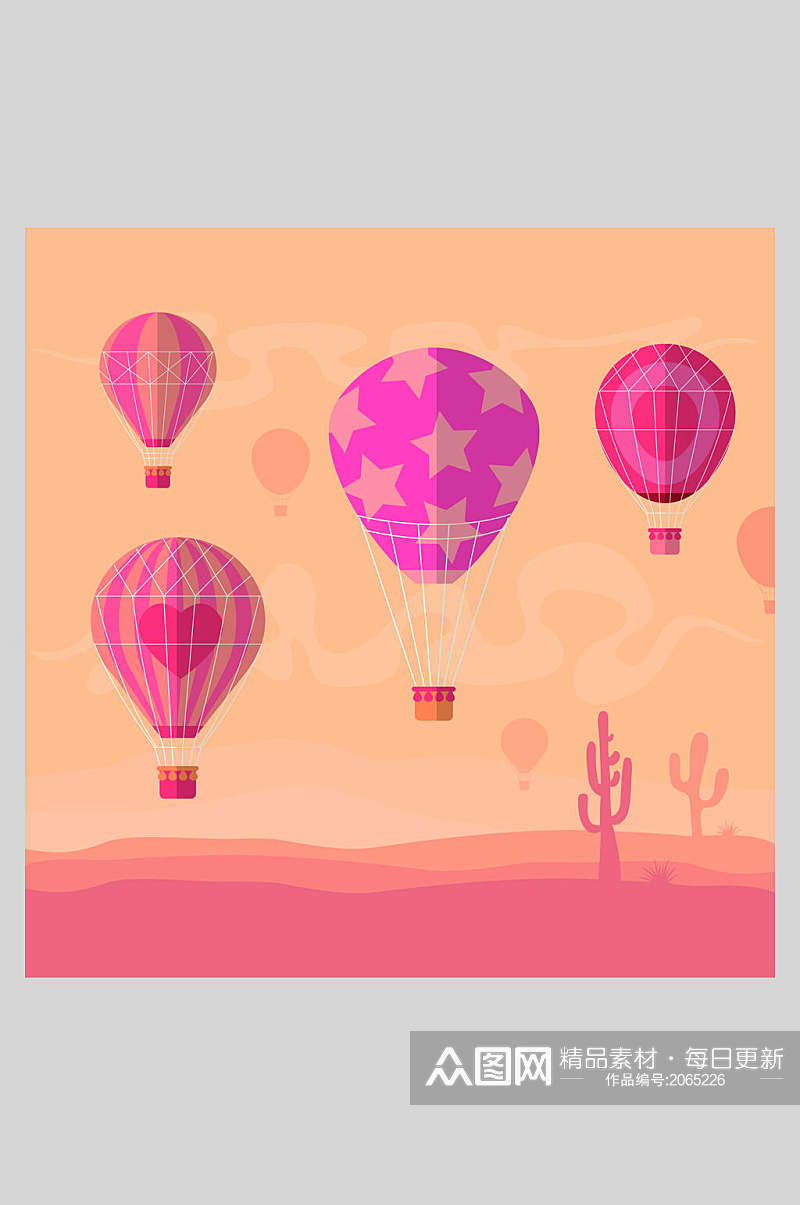 热气球插画粉色系沙漠上的热气球素材