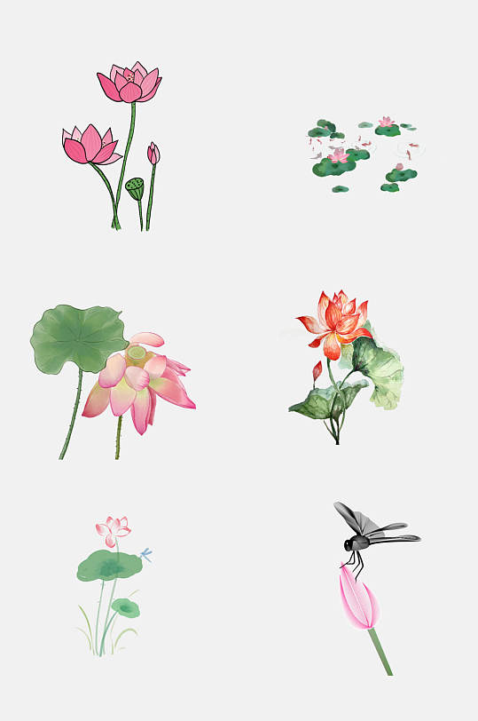 手绘中国风手绘荷花蜻蜓免抠元素