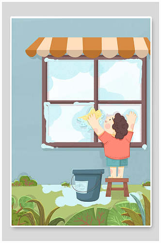 五一劳动节插画儿童擦拭窗玻璃
