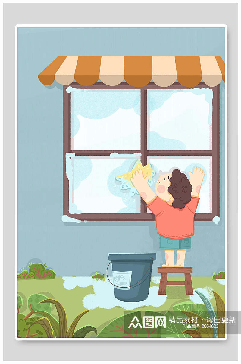 五一劳动节插画儿童擦拭窗玻璃素材