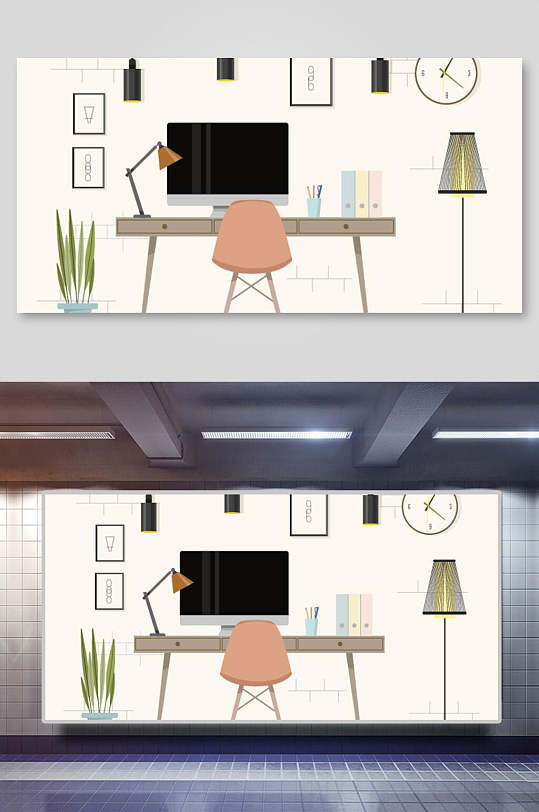设计师办公场景矢量插画横向灯和电脑