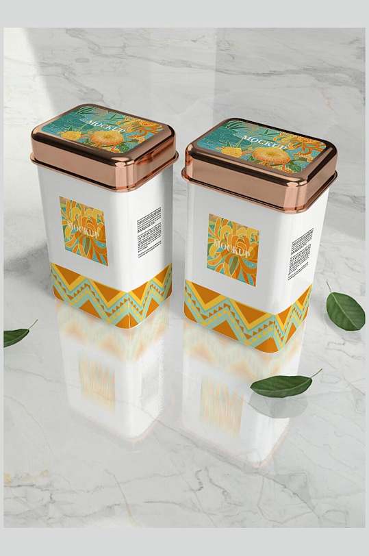 清新花纹茶叶铝制铁盒包装样机效果图