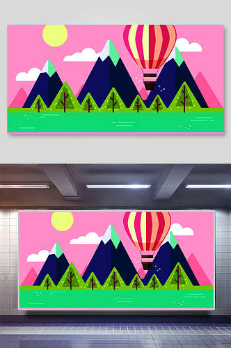 热气球插画横向山峦和热气球