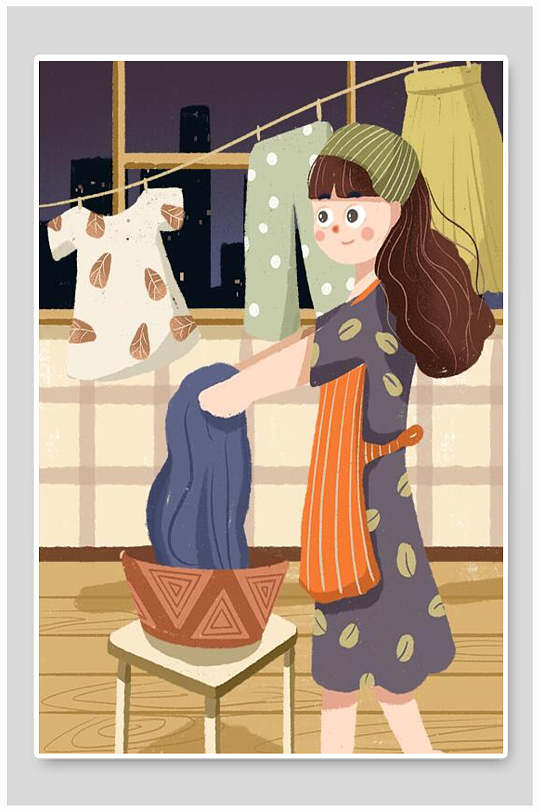 五一劳动节插画儿童洗衣服