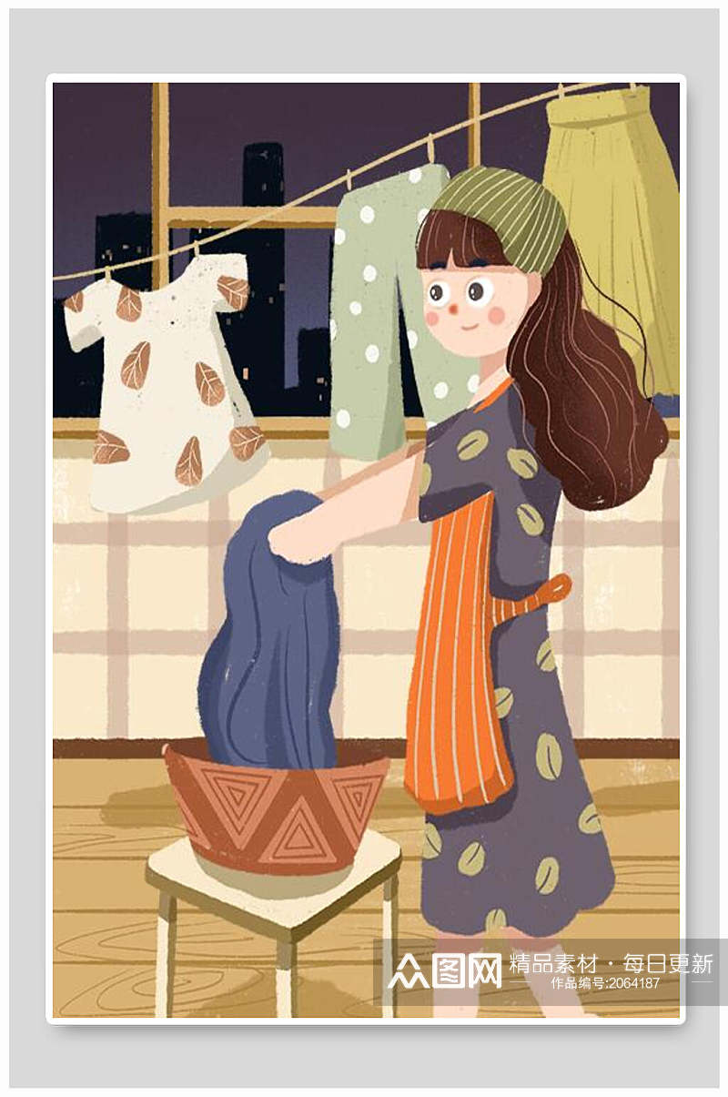 五一劳动节插画儿童洗衣服素材