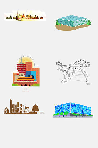 清新手绘北京旅游地标建筑免抠元素