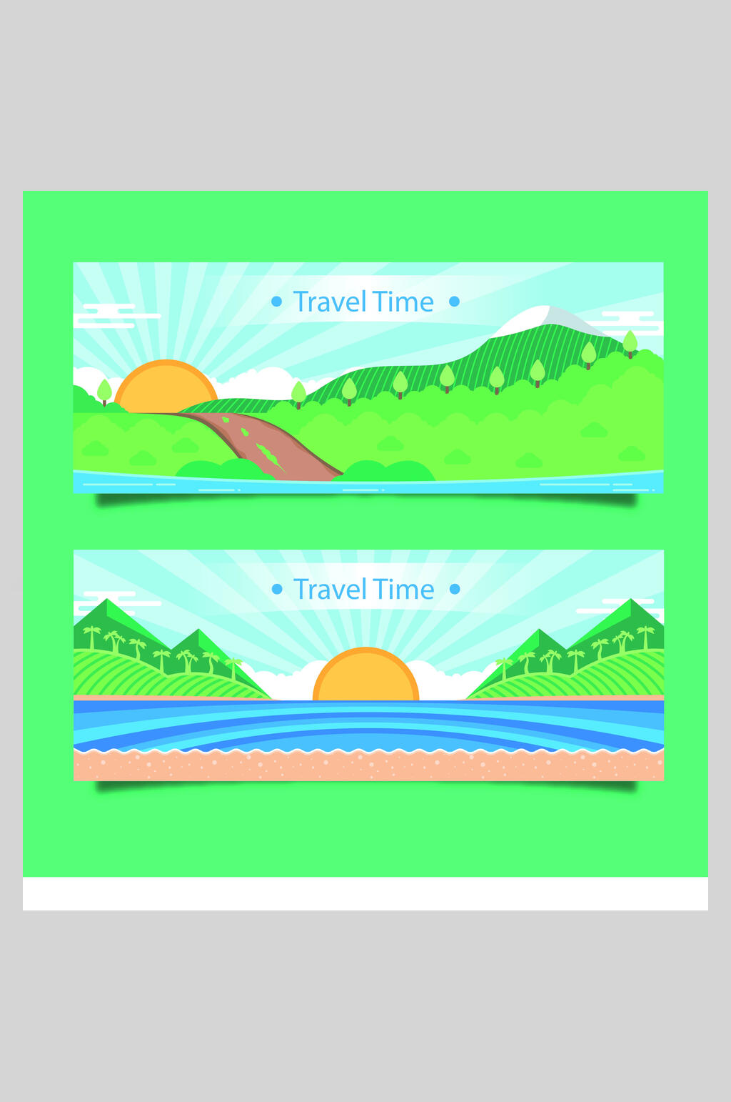 扁平化旅游旅行矢量插画绿色日出海滩素材